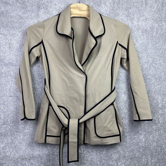 Neiman Marcus Women Beige Belted Wrap Coat Rayon Blend Coat‎ Size L Black Trim - Picture 1 of 6